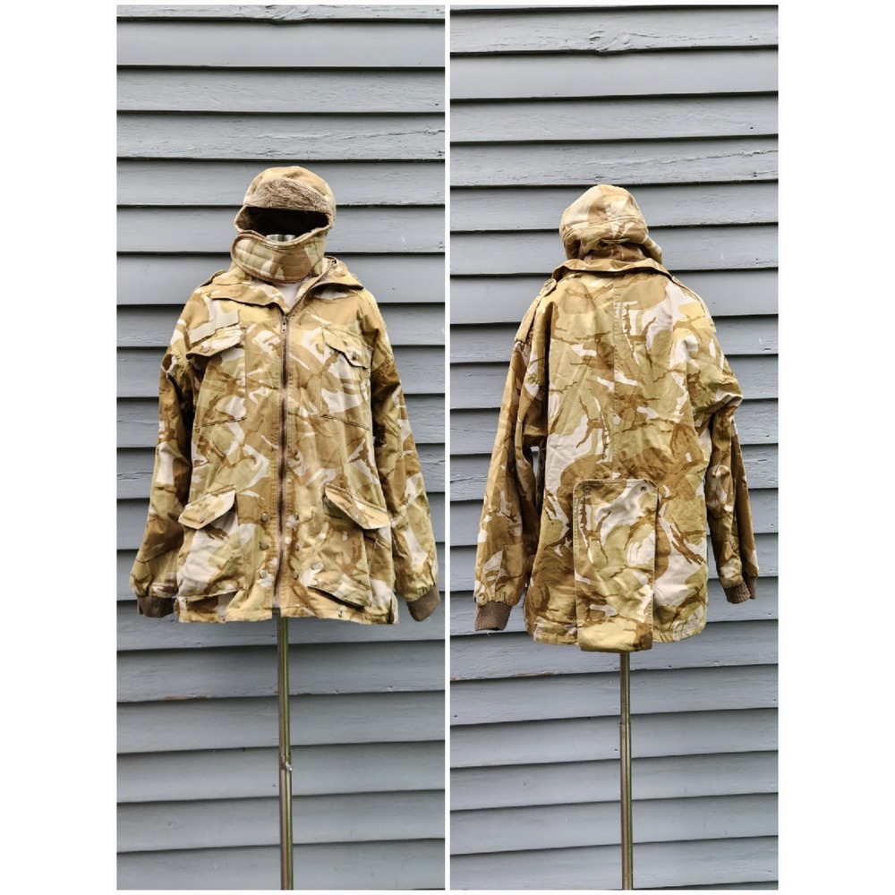 L'Berge Military Parka Jacket Desert Camo Faux Fur Lined Hooded Large
